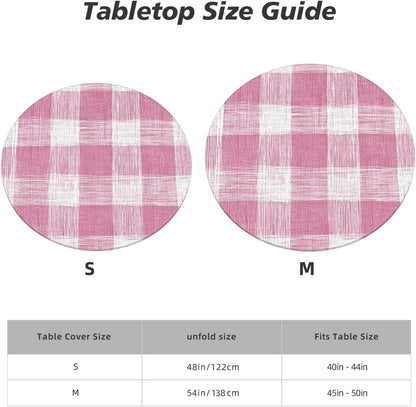 Hand-Drawn Soft Pink and White Check Pattern Round Tablecloth Fitted Table Cover Washable Tablecloths for Kitchen Dining Party 40-44 Inch