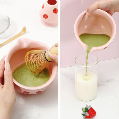FYSUIMU 5 Pcs Strawberry Ceramic Matcha Bowl Set Pink Ceramic Bowl with Spout and Bamboo Whisk Scoop Sifter Stand Kit for Tea Lovers Tea Ceremony Supplies