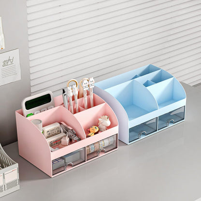 COMFYROOM Desk Organizer with 6 Compartments and 2 Drawers, Plastic Makeup Organizer, Pen Holder for Desktop Storage, Desk Organization for School, Home, Office Supplies (Pink)