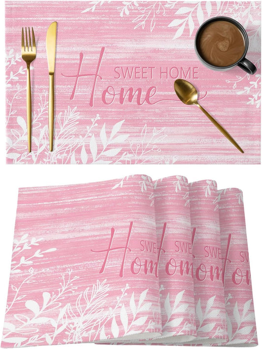 Vintage Blush Pink Placemats Set of 4, Cotton Linen Fabric Place Mats, Farmhouse Florals Leaf Coastal Home Washable Decorative Table Mats Protector for Home Kitchen Dining Wedding Party Coffee Tables