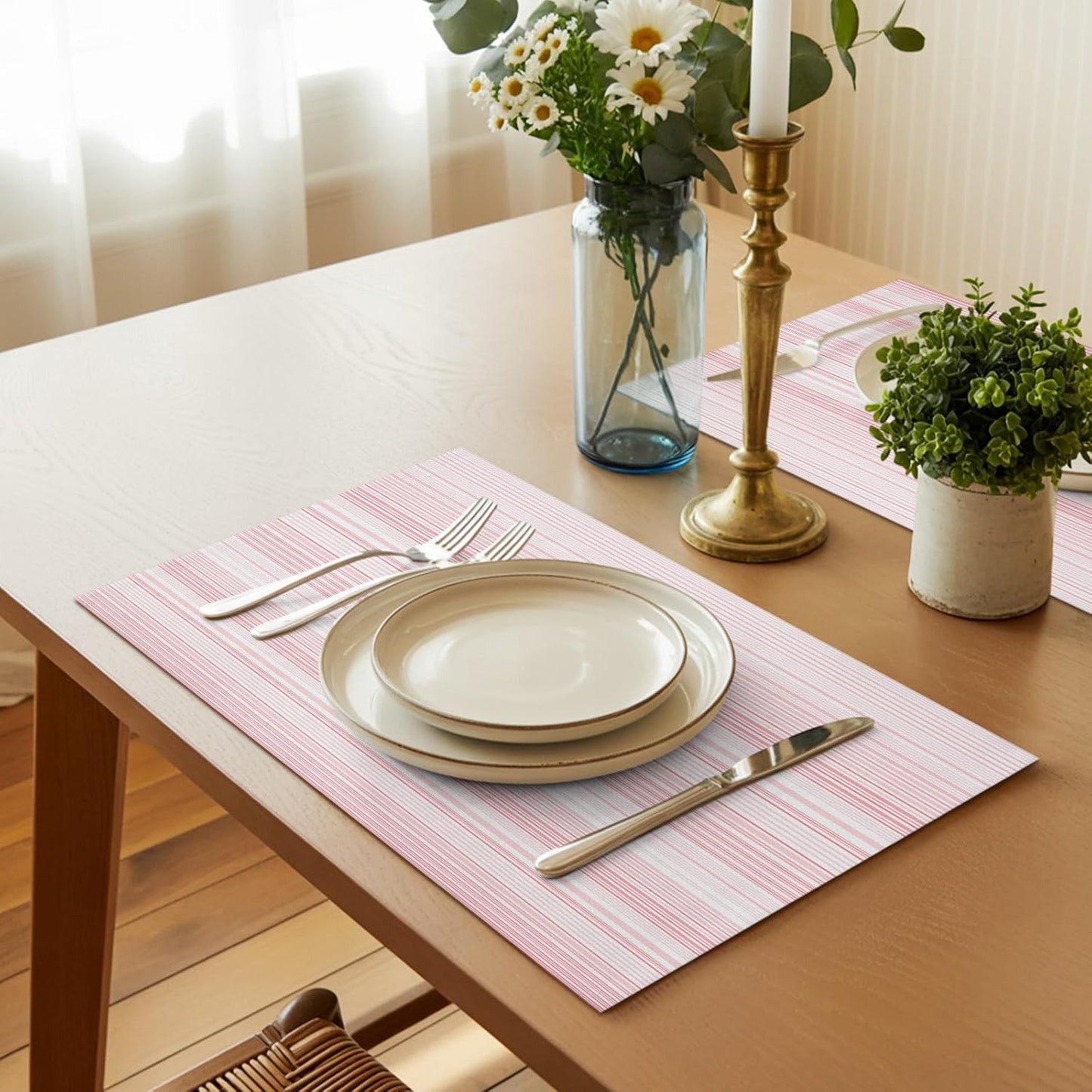 Pink Stripes Placemat Set of 6 Non-Slip Placemats for Dining Table Classic Striped Lines Washable Table Mats, Heat Resistant Kitchen Table Mats for Party, Dining Room & Home Decor