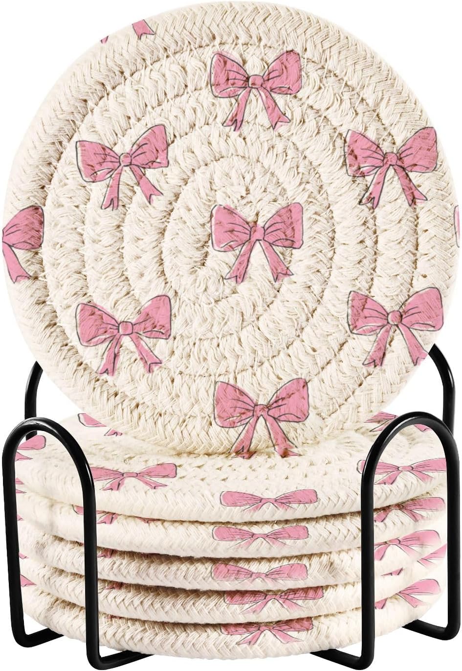 Bar Coasters for Drink with Holder Cute Light Pink Bows Coaster Set of 6 Cotton Woven Coaster for Coffee Table, Bistro Tabletop,Kitchen Home Decor