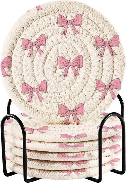 Bar Coasters for Drink with Holder Cute Light Pink Bows Coaster Set of 6 Cotton Woven Coaster for Coffee Table, Bistro Tabletop,Kitchen Home Decor