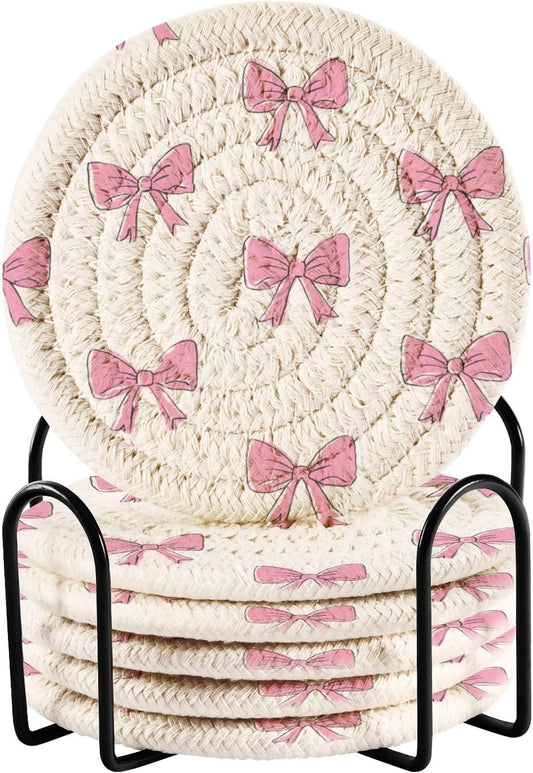 Bar Coasters for Drink with Holder Cute Light Pink Bows Coaster Set of 6 Cotton Woven Coaster for Coffee Table, Bistro Tabletop,Kitchen Home Decor