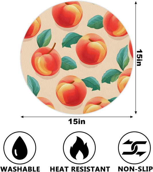 Hexteria Pink Peach Fruit Round Vinyl Placemats Set of 6 Non Slip PVC Place Mat, Easy to Clean Washable Kitchen Party Dining Table Mats