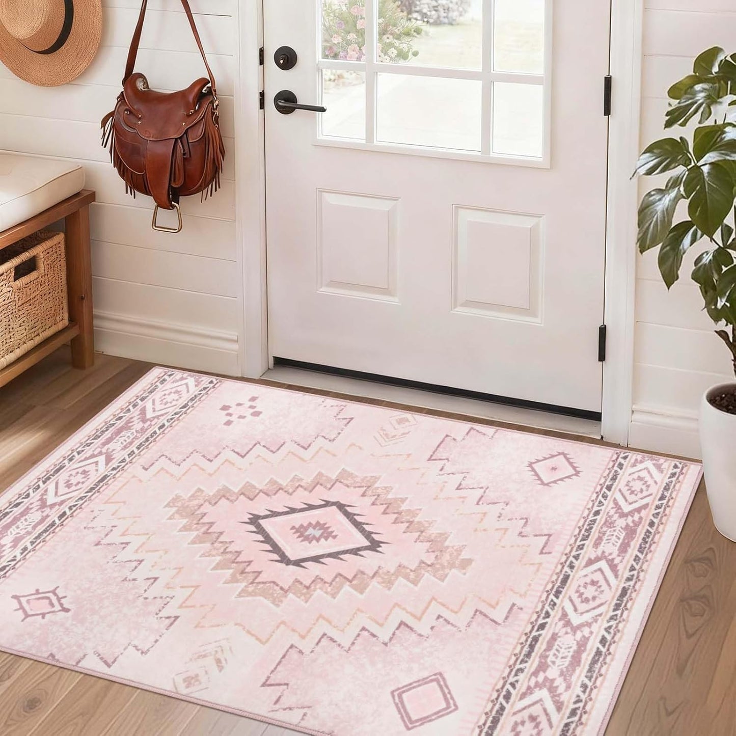 Yinhua Pink Rug 2x3 Non Slip, Western Washable Rug Low-Pile, Soft Moroccan Door Mat Indoor Entrance with Rubber Backing, Stain Resistant Aztec Small Rugs for Bathroom Kitchen Hallway
