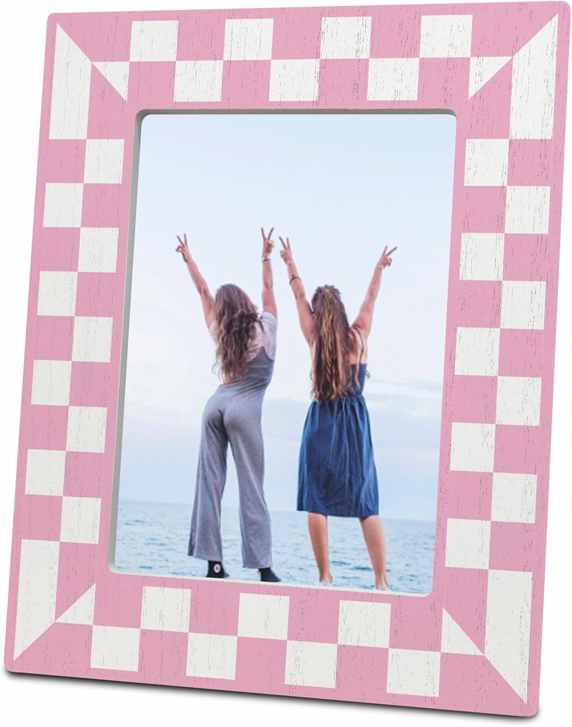 Pink Checkerboard Wooden Frame for 4x6 Photos - Trendy Geometric Photo Frame - Girly Tabletop Decor, Aesthetic Pink Birthday Gift for Her - Classic Photo Frame, Gift And Decorations (C14)