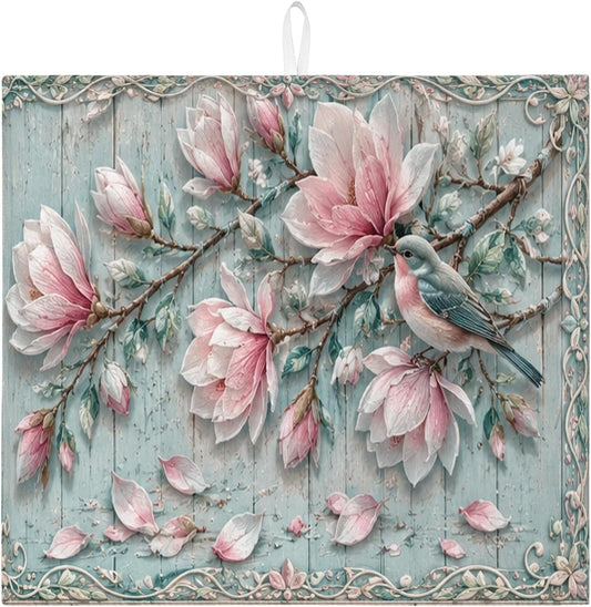 Floral Dish Drying Mats for Kitchen Counter, Peach Green Vintage Absorbent Dish Drainer Rack Mat, Spring Rustic Microfiber Drying Pad Protector 16x18 Inch