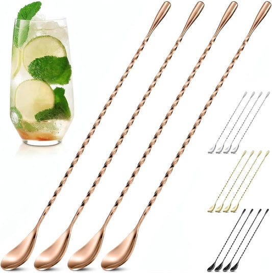 4 Pcs Rose Gold Bar Spoons Cocktail Mixing Spoon Set – Stylish Stainless Steel Stirring Spoons with Elegant Twisted Spiral Handle – Ideal for Cocktails, Iced Tea, Coffee, and Iced Latte | Sugar Spoon