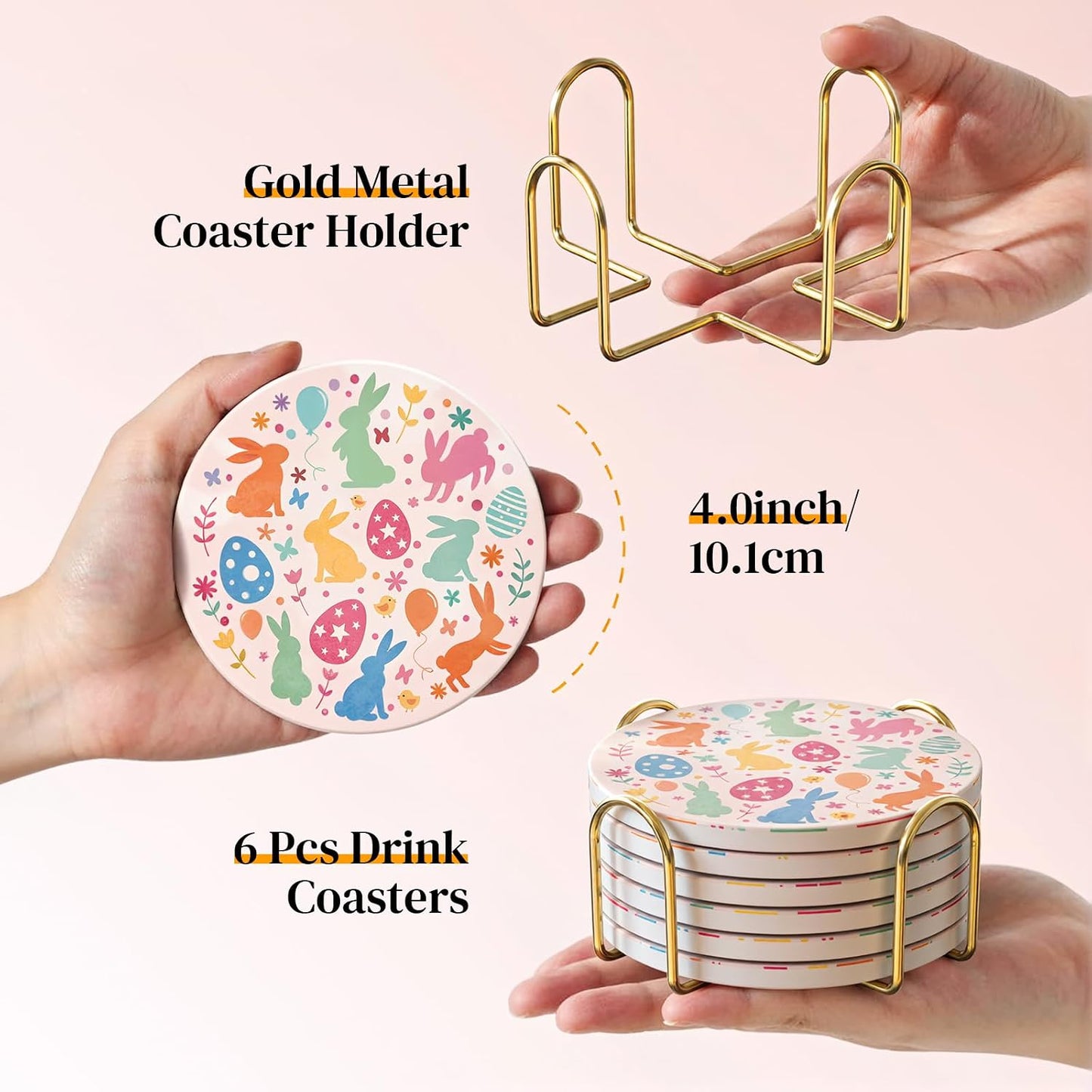 Absorbent Ceramic Coasters Set of 6 with Holder - Cute Bunny Floral Drink Coasters, Spring Home Decor, for Mom