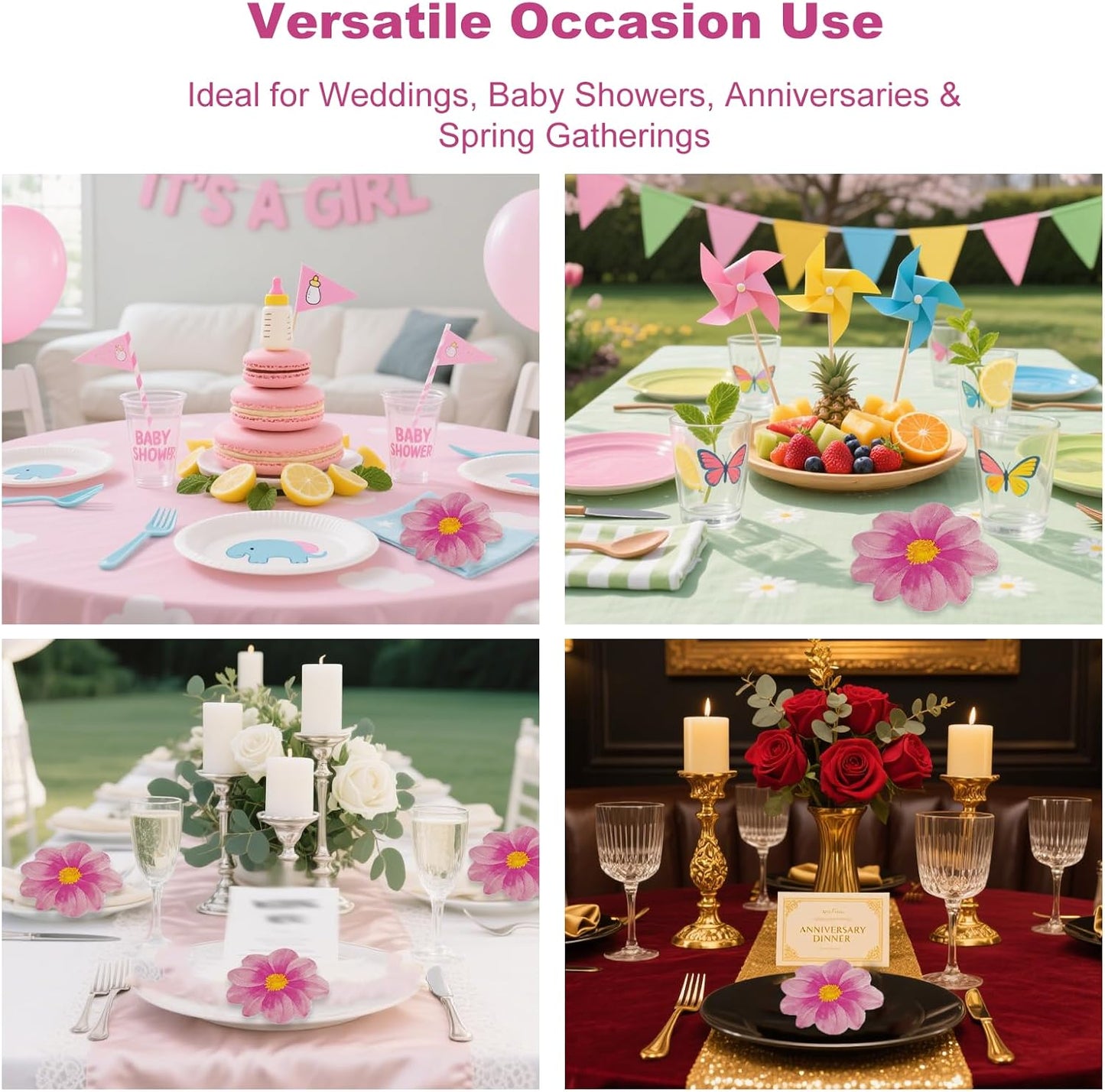 20 Pcs Flower Shaped Napkins Disposable Floral Paper Spring Decorative Tableware for Wedding Bridal Baby Shower Birthday Summer Dinner Party Decor Pink