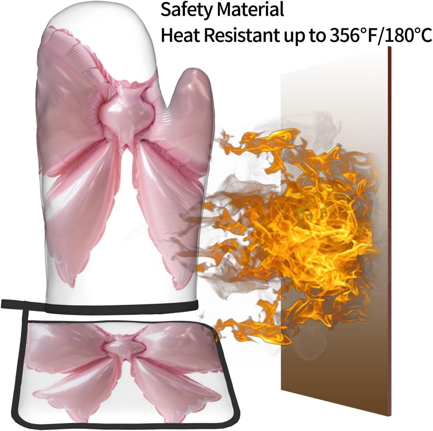 Light Pink Bow Balloon Oven Mitts and Pot Holders Sets,Heat Resistant Potholder Kitchen Decor for Cooking Baking BBQ, Oven Glove Set