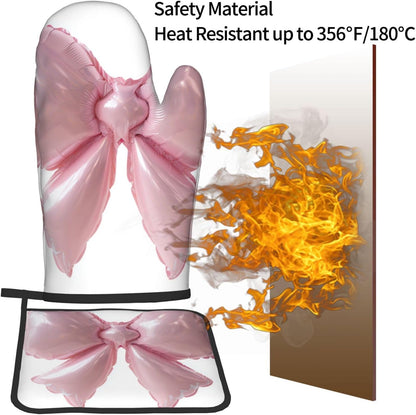Light Pink Bow Balloon Oven Mitts and Pot Holders Sets,Heat Resistant Potholder Kitchen Decor for Cooking Baking BBQ, Oven Glove Set