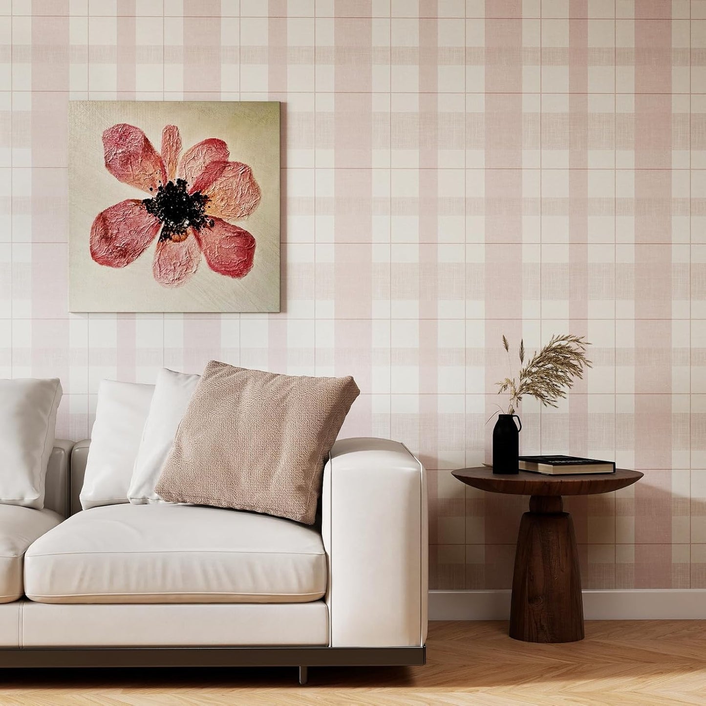 Timeet Modern Peel and Stick Wallpaper Pink Boho Contact Paper Plaid Wallpaper Waterproof Self Adhesive Removable Textured Wall Paper for Bedroom Bathroom Cabinets Wall Decor Vinyl 17.3" x 80"