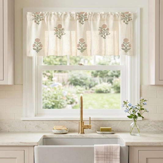 Lino Rosa Pink Floral Valances for Windows, Vintage Shabby Chic Cottage Core Whimsical Linen Sheer Valance Curtains for Girls Room Nursery Kitchen Bathroom Bedroom, 18 Inch