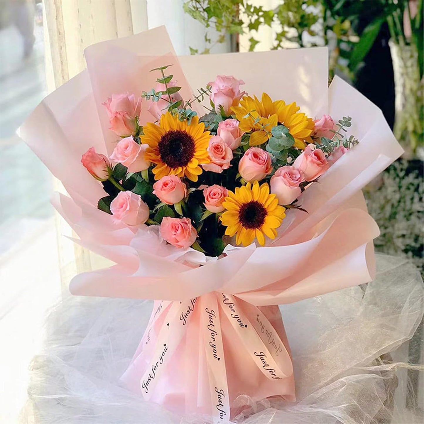 Jutieuo 20 Sheets Pink Flower Wrapping Paper, Waterproof Translucent Korean Floral Paper for Flower Bouquet Wraps Gift Packaging Florist Supplies (22.8 x 22.8 inch)