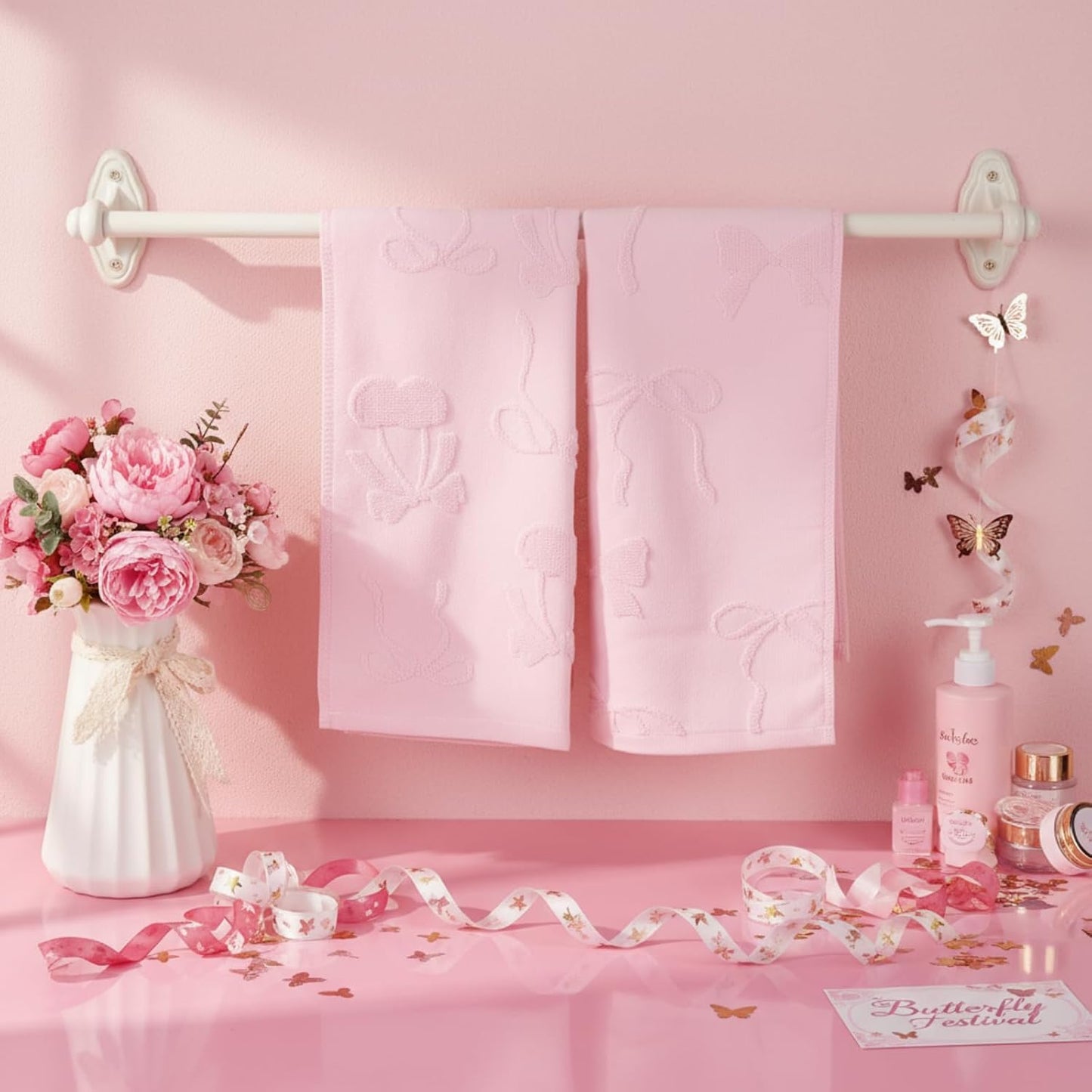 Hahafelt 3 Pack Pink Bow Hand Towels Coquette Bow Bathroom Decor Dish Towels 100% Cotton Soft Absorbent Decorative Jacquard Weave Gifts for Kitchen Bathroom Decor, 29.5 x 13.7 Inch