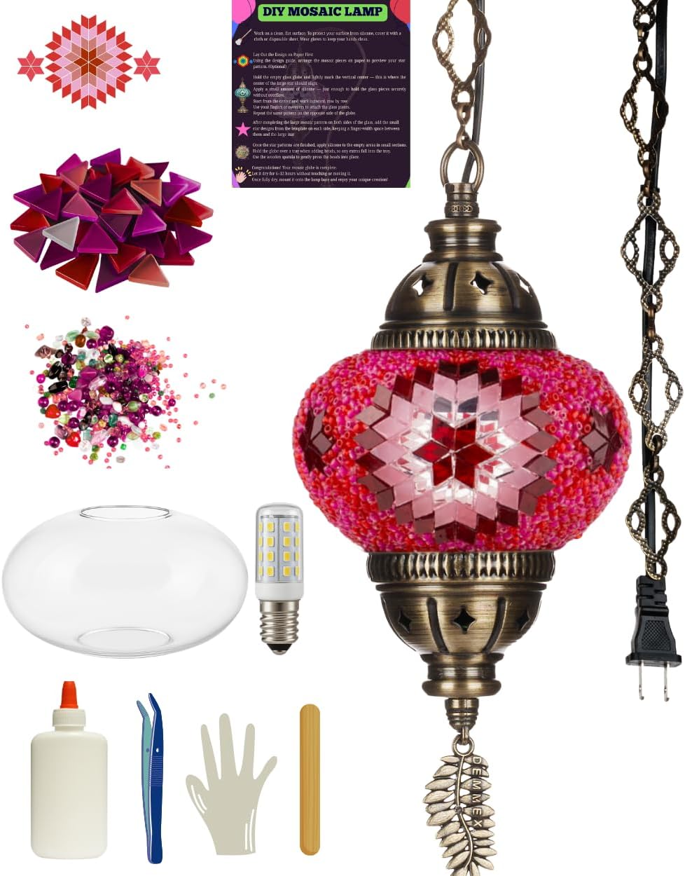 DEMMEX DIY Turkish Mosaic Plug-in Hanging Lamp Kit – NO Grout or Plaster, Beginner-Friendly – Complete Tiffany Mosaic Glass Light-Making Craft Project Kit for Adults and Teens (Pink)