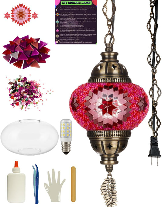 DEMMEX DIY Turkish Mosaic Plug-in Hanging Lamp Kit – NO Grout or Plaster, Beginner-Friendly – Complete Tiffany Mosaic Glass Light-Making Craft Project Kit for Adults and Teens (Pink)