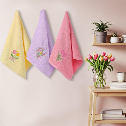 Tingjoo 3 Pcs Pastel Tulips Hand Towels Spring Pink Tulip Bouquet Floral Bath Towels 14 x 29 Inch Soft Cute Flower Washable Embroidered Decorative Spring Summer Cotton Decor for Bathroom Kitchen