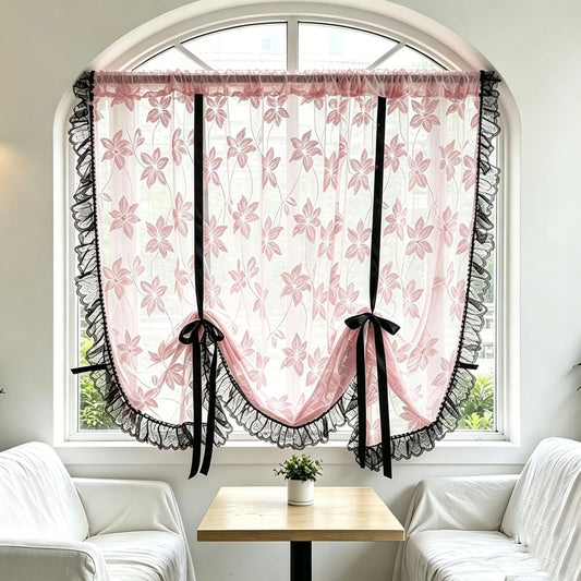 Pink Floral Sheer Tie Up Curtains with Black Ruffled Lace Trim | Adjustable Bowknot Balloon Roman Shades, Vintage Lace Window Valance Rod Pocket for Kitchen Bedroom Arched Bay Window 1 Panel