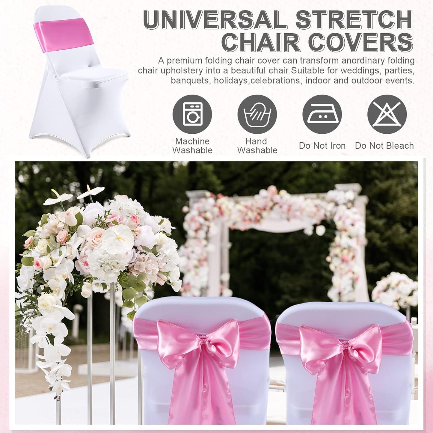 Lounsweer 50 Pcs Folding Chair Cover Set with 25 Stretch Spandex Slipcovers 25 Satin Chair Sashes Bows Ribbon Washable Banquet Protector for Wedding Event Party(White, Pink)