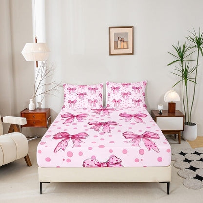 Erosebridal Pink Princess Bow Fitted Sheet Twin Cute Coquette Bowknot Bed Sheets Kawaii Ribbon Bow Bedding Set for Kids Girls Teen Women,Pink Watercolor Polka Dot Bed Cover 2 Pcs