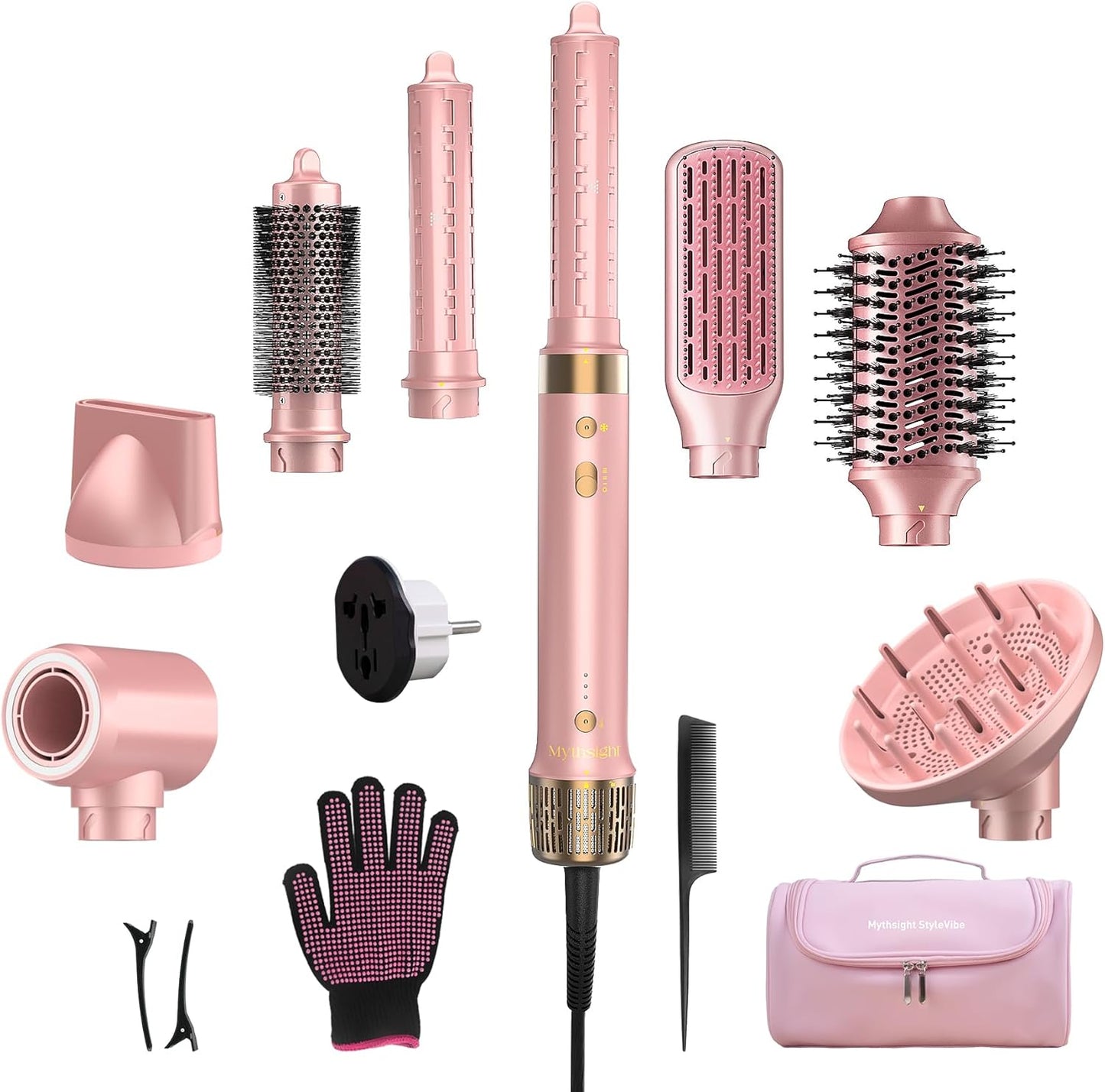 Mythsight Dual Voltage StyleVibe 8-in-1 Air Styler, Hair Dryer & Blow Dryer Brush with Travel Case - Auto Wrap Curls (L/R), Fast Drying, Thermal Brush for Blowouts & Frizz-Free Volume, No Heat Damage