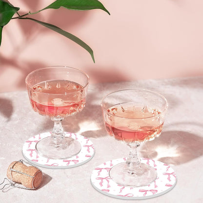 FYSUIMU 6Pcs Pink Bow Coasters Cute Coquette Bowknots Ceramic Drink Coasters Absorbent Cup Mat for Home Kitchen Office Party Table Decor