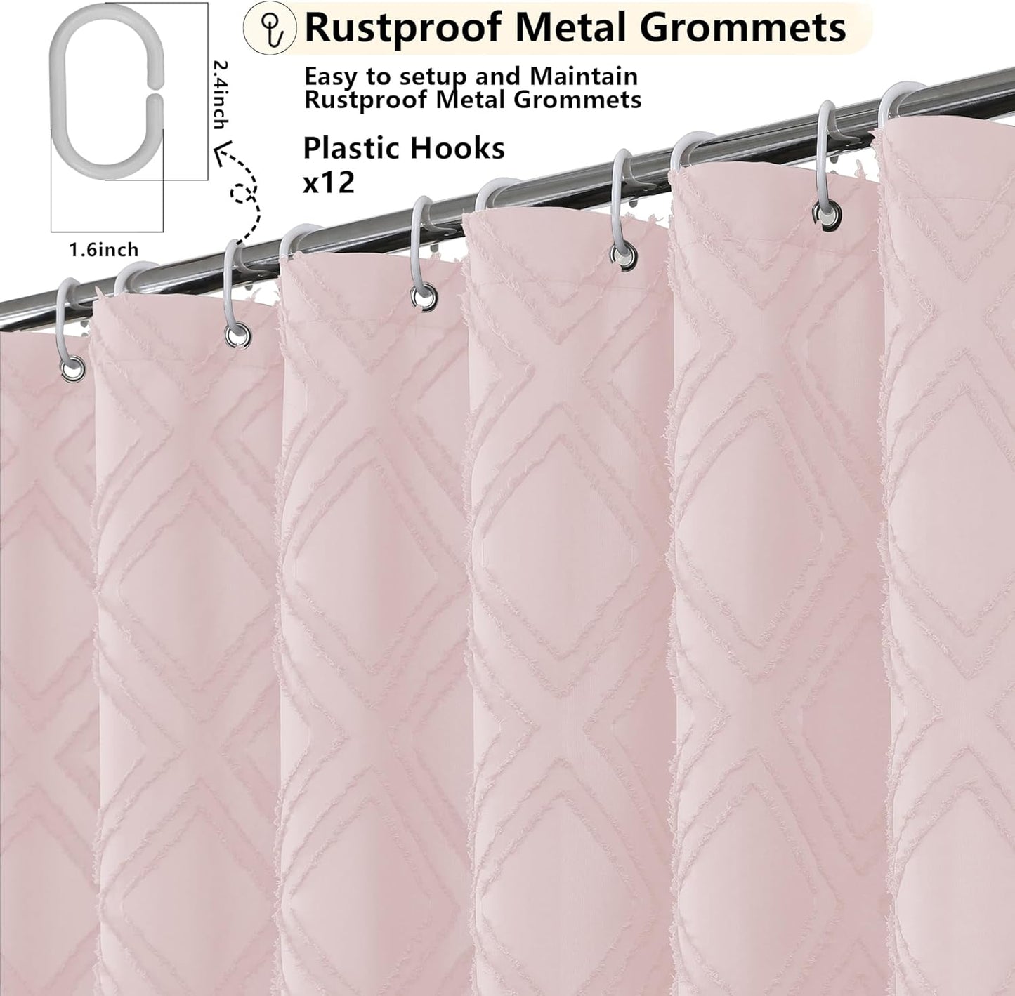 OWENIE Blush Shower Curtain Set, Jacquard Geometric Textured Fabric Boho Shower Curtain for Bathroom, Soft Hotel Style Farmhouse Shower Curtains Grommet Top 12 Hooks, Machine Washable, 72x72, Blush