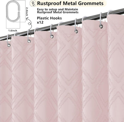 OWENIE Blush Shower Curtain Set, Jacquard Geometric Textured Fabric Boho Shower Curtain for Bathroom, Soft Hotel Style Farmhouse Shower Curtains Grommet Top 12 Hooks, Machine Washable, 72x72, Blush