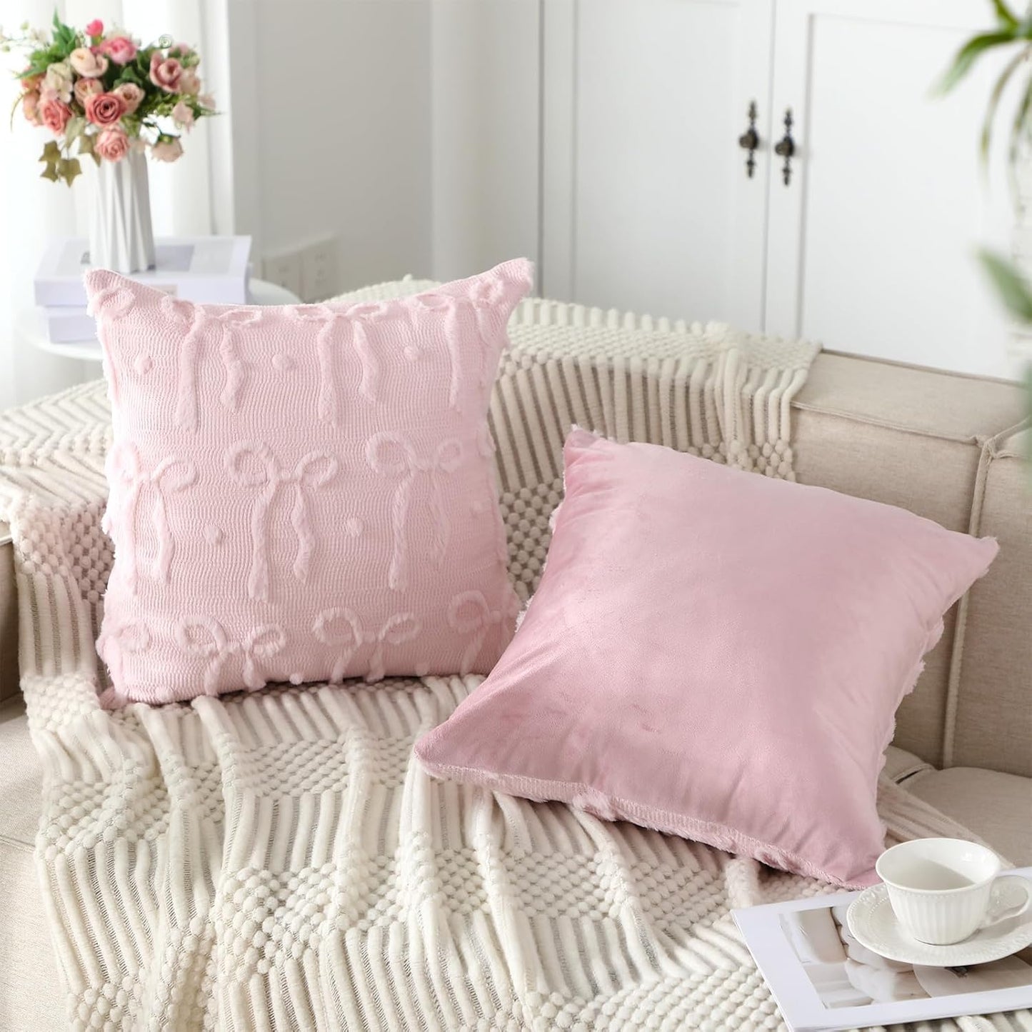 Mixweer Pink Bow Throw Pillow Covers 18x18 Set of 2 Coquette Decorative Pillow Covers Soft Plush Faux Wool Aesthetic Pillowcases Preppy Room Decor for Bed Sofa Couch Living Room