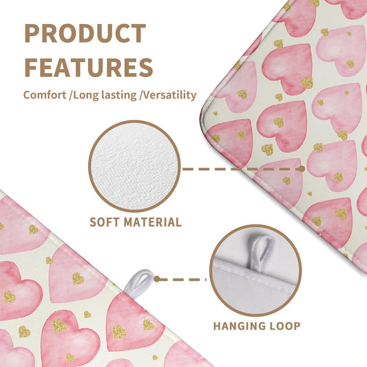 Valentines Dish Drying Mat Valentine Dishes Drying Pad Pink Golden Heart Love Absorbent Dish Dryer Matt for Kitchen Countertops Microfiber 18x24 Inches