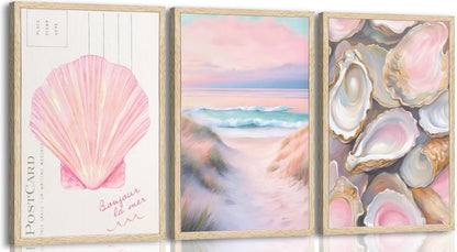 Aisandcuis 3Pcs Pink Oyster Shell Poster Wall Art Coastal Painting Picture Wall Decor Preppy Girly Beach Canvas Print Artwork for Beach House Apartments Girls Room Dorm Home Decoration Unframed