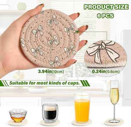 Bar Coasters for Drink with Holder Cute Bow Light Pink Cute Coaster Set of 6 Cotton Woven Coaster for Coffee Table, Bistro Tabletop,Kitchen Home Decor