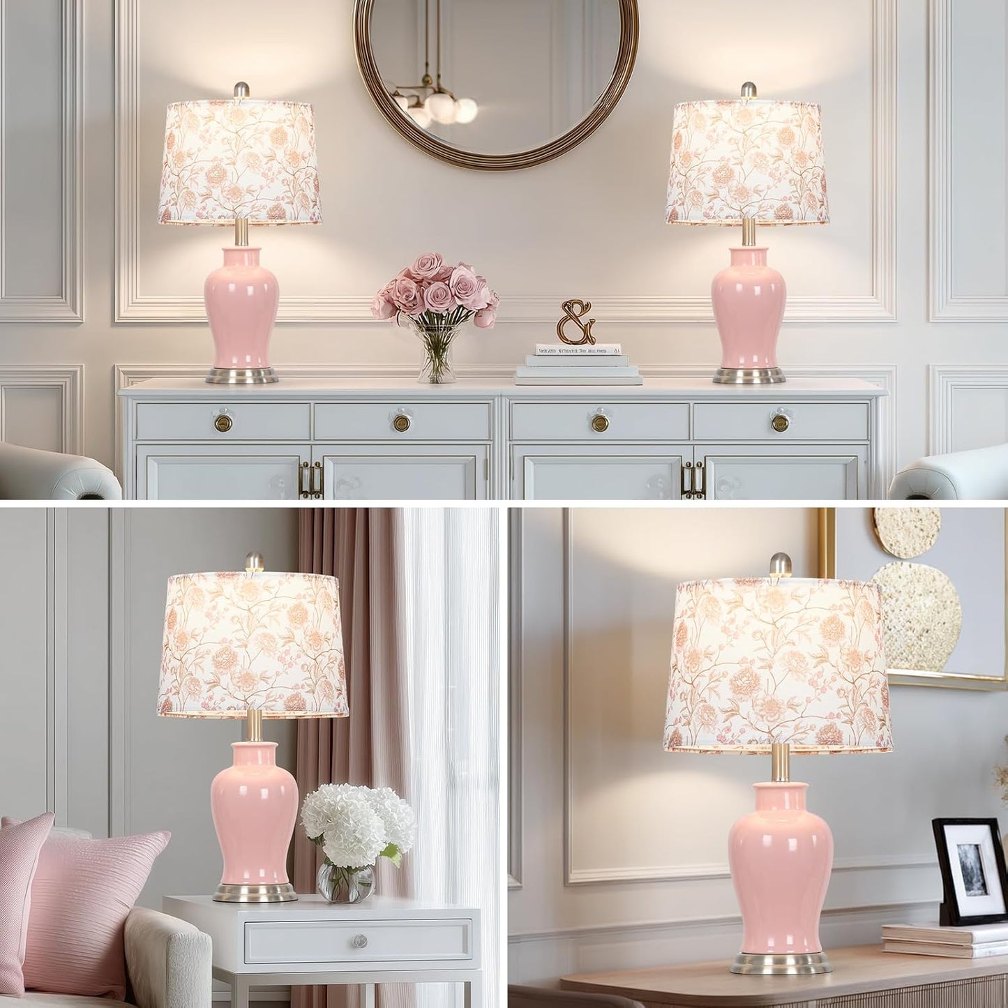 Ruzectt Pink Ceramic Table Lamp with Flower Lampshade, 23" Cute Bedroom Lamp with Ginger Jar Design, Modern Living Room Lamps Set 2, Elegant Bedside Lamps for Nightstand End Table Home Decor