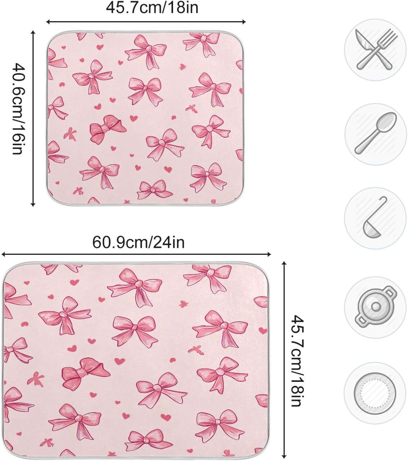 YETTASBIN Bow Pink Dish Drying Mat for Kitchen Counter, Super Absorbent Reversible Dish Drainer Rack Pad Coffee Bar Mat, 16 x 18 Inch