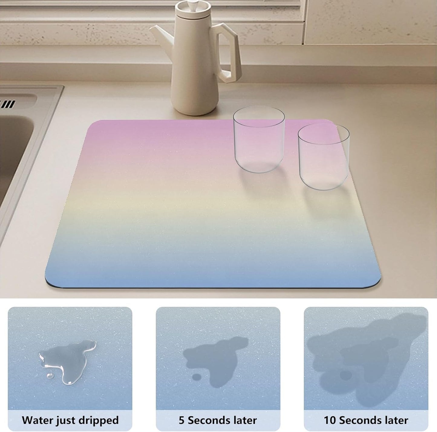 Blue Light Pink Gradient Dish Drying Mat for Kitchen Counter Absorbent Coffee Bar Mat for Countertops Easy to Clean Kitchen Drying Mats for Sink Dishes Pans Rack Utensils, 23.6"x19.7"