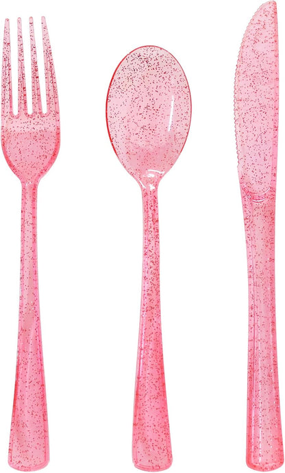150 Pcs Pink Silverware Set Heavy Duty Pink Plastic Silverware - 50 Forks, 50 Knives, 50 Spoons for Brithday, Valentine's Day, Wedding, Baby Shower, Bridal Shower