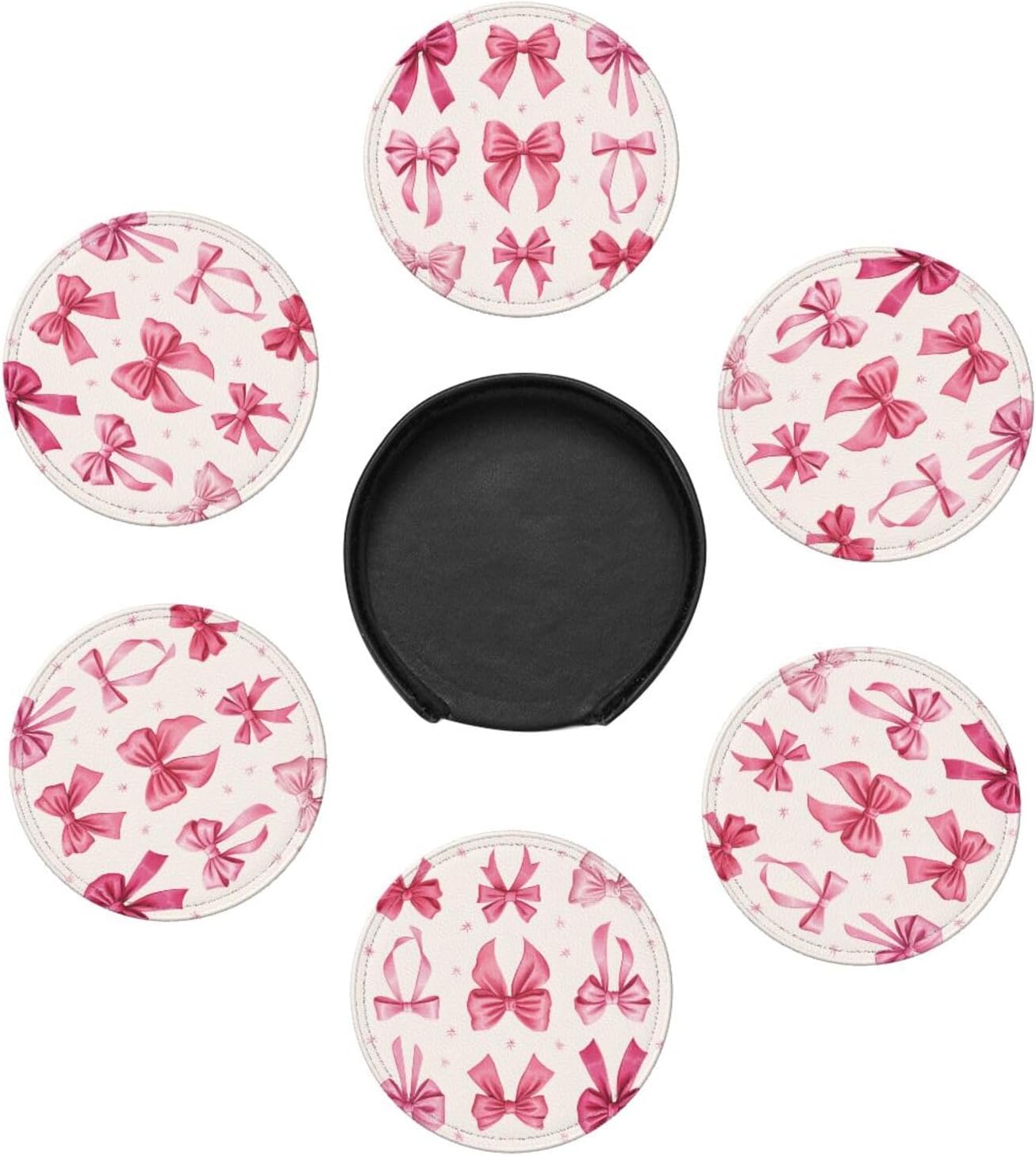 Light Pink Bows in Three Rows Premium Leather Coasters, Set of 6 with Holder, Stylish Beverage Coasters for Kitchen Coffee Bar