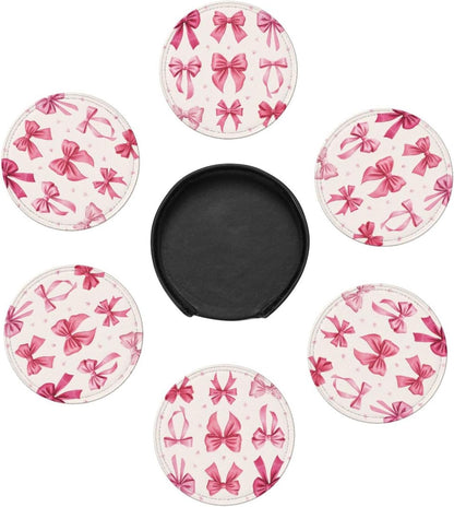 Light Pink Bows in Three Rows Premium Leather Coasters, Set of 6 with Holder, Stylish Beverage Coasters for Kitchen Coffee Bar