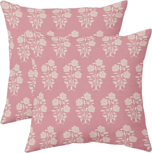 Light Pink Spring Summer Floral Pillow Covers 20x20 Set of 2 Block Print Cream Vintage Flower Leaves Outdoor Decorative Throw Pillows Farmhouse Pillowcases Cushion Case Sofa Couch Bed Home Decor