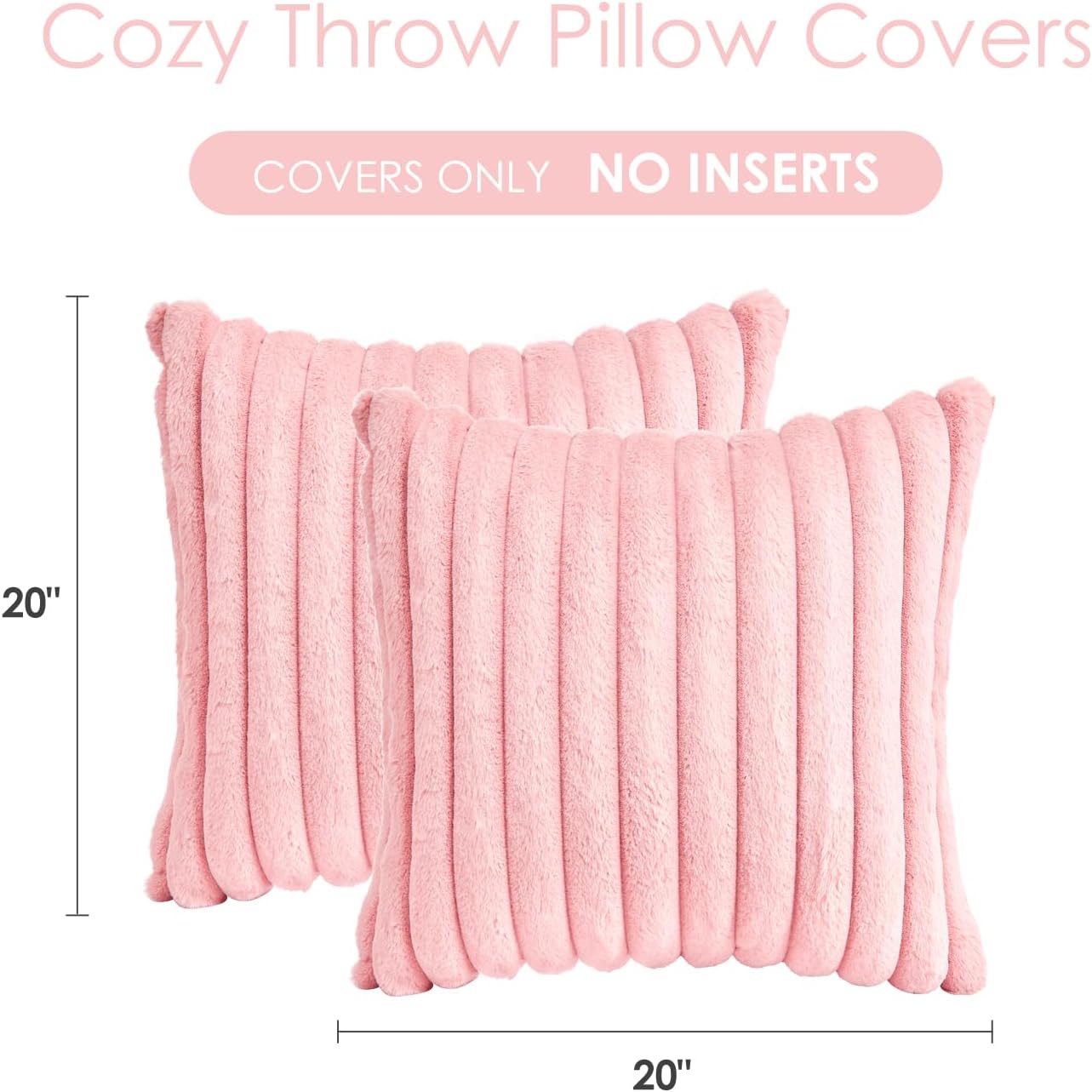 Throw Pillow Covers Decorative Faux Fur Set of 2 20x20 Inch Pillow Covers, Soft Pink Striped Pillowcases for Couch Sofa Bed Living Room, Fluffy Cute Home Boho Accent Fuzzy Decor