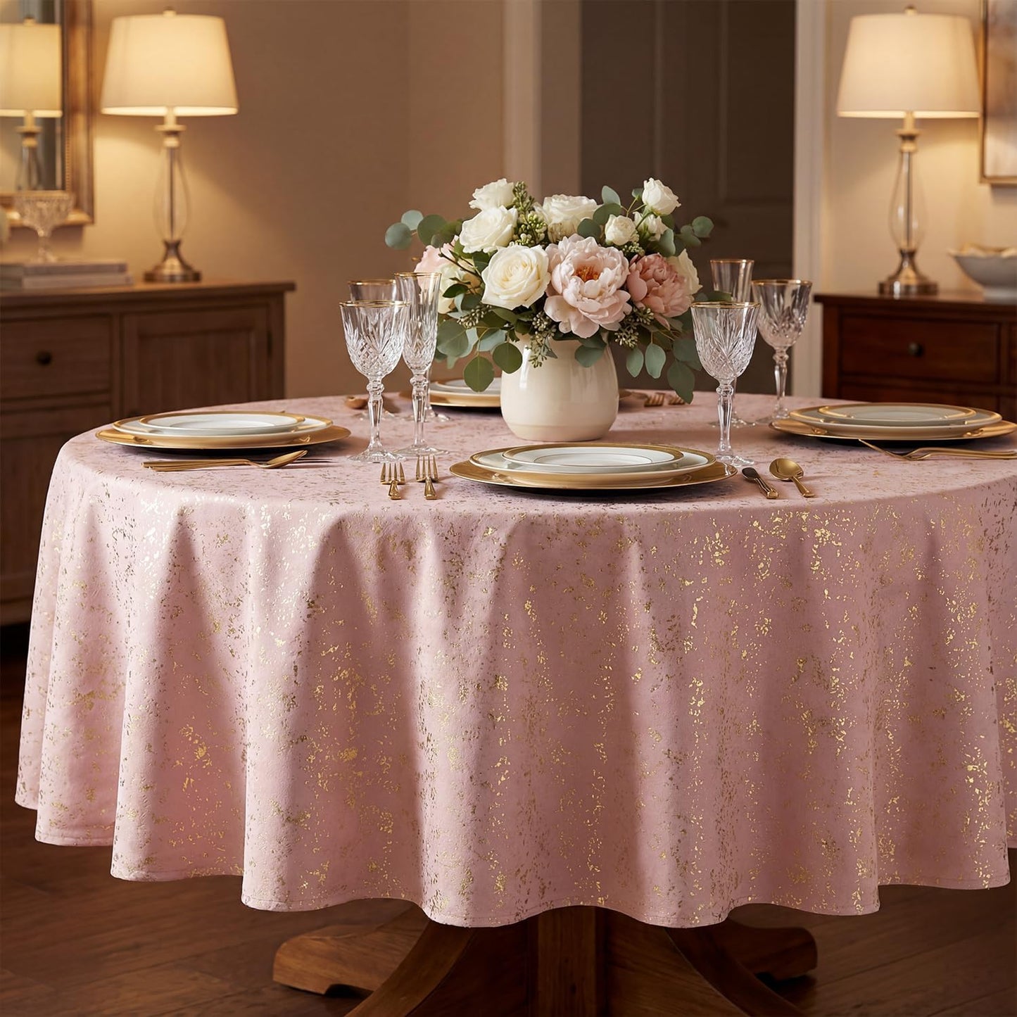 Horaldaily Pink Tablecloth 60x60 Inch Round, Solid Round Table Cloth with Golden Sequin, Thanksgiving Christmas Table Cover for Wedding, Party, Banquet, and Events