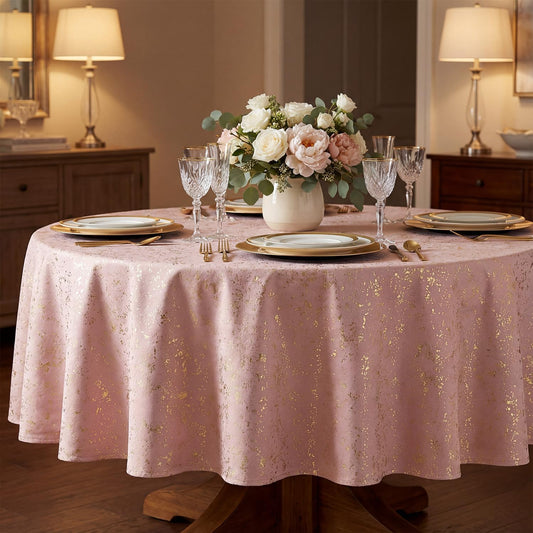 Horaldaily Pink Tablecloth 60x60 Inch Round, Solid Round Table Cloth with Golden Sequin, Thanksgiving Christmas Table Cover for Wedding, Party, Banquet, and Events
