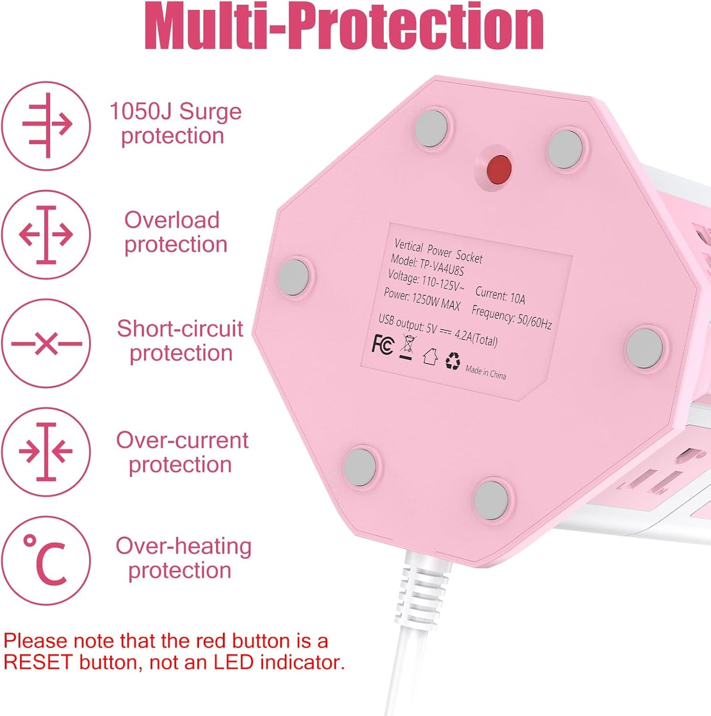 Pink Tower Power Strip with Overload Protection | HITRENDS 8 AC Outlets + 4 USB Ports | 16AWG/ 6.5Ft Extension Cord with Multiple Outlets | Space-Saving Design for Office & Home(1250W, 1050J)