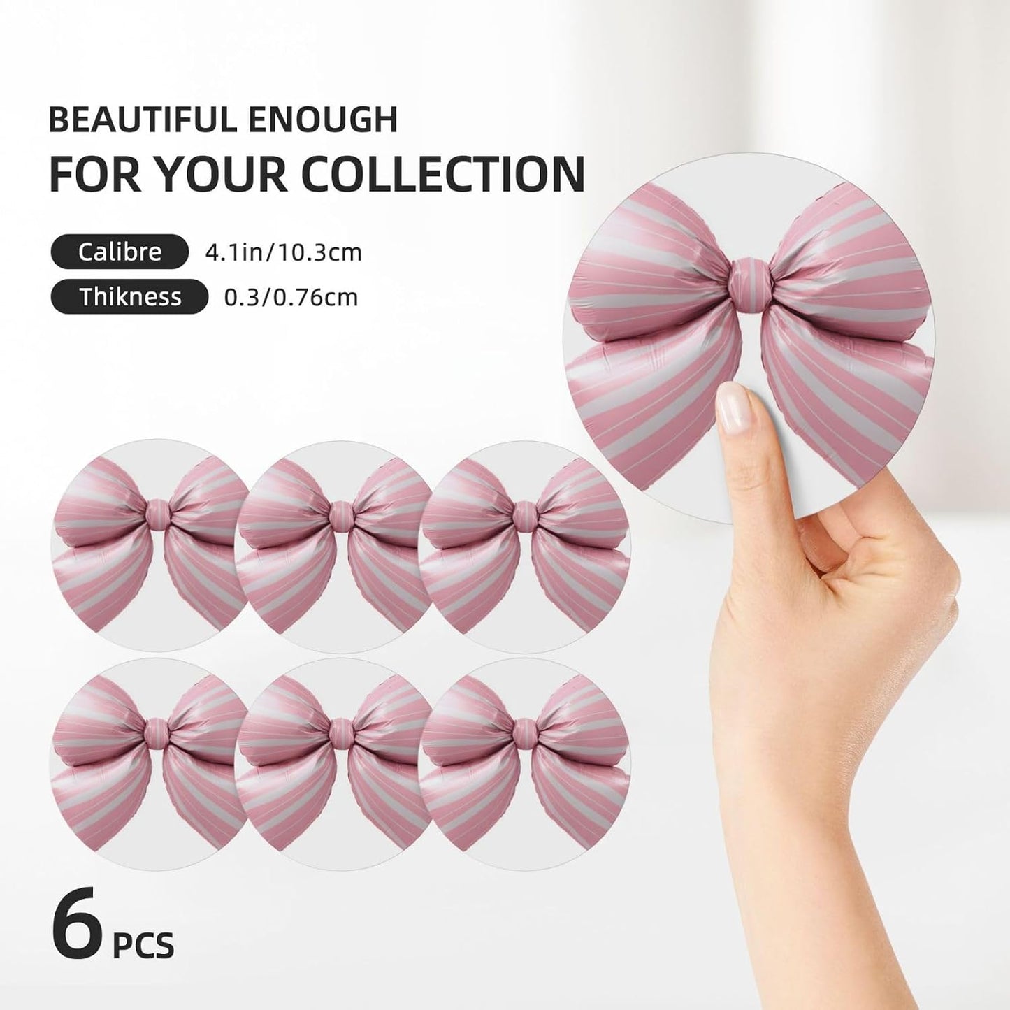 Light Pink Bow Balloon Candy Stripe Pattern Ceramic Coasters with Holder Set of 6 Coffee Cup Drink Coasters