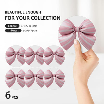 Light Pink Bow Balloon Candy Stripe Pattern Ceramic Coasters with Holder Set of 6 Coffee Cup Drink Coasters