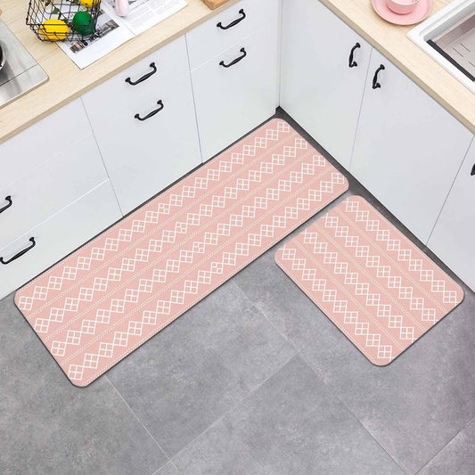 Peach Pink Checkered Kitchen Mat Set 2 Pieces Abstract White Geometric Argyle Stripe Non Slip Kitchen Rugs Washable Runner Rug Mats for Kitchen Sink Laundry Office (23.6" x 35.4"+23.6" x 70.9")