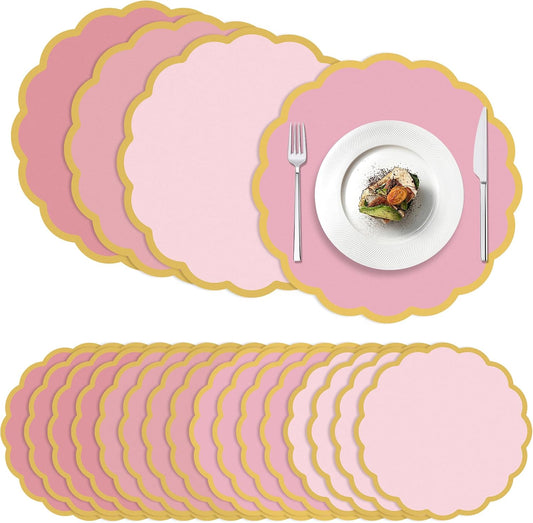 100 Pcs Pink Paper Placemats 13.5 Inch Disposable Scalloped Colorful Pastel Round Table Place Mats with Gold Edges, Decorative Colors Mats for Birthday Wedding Bridal Shower Banquet Tea Party